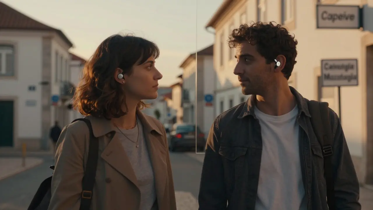 Duas pessoas caminhando em Coimbra com diferentes níveis de acesso à IA, refletindo desigualdade no entendimento emocional.