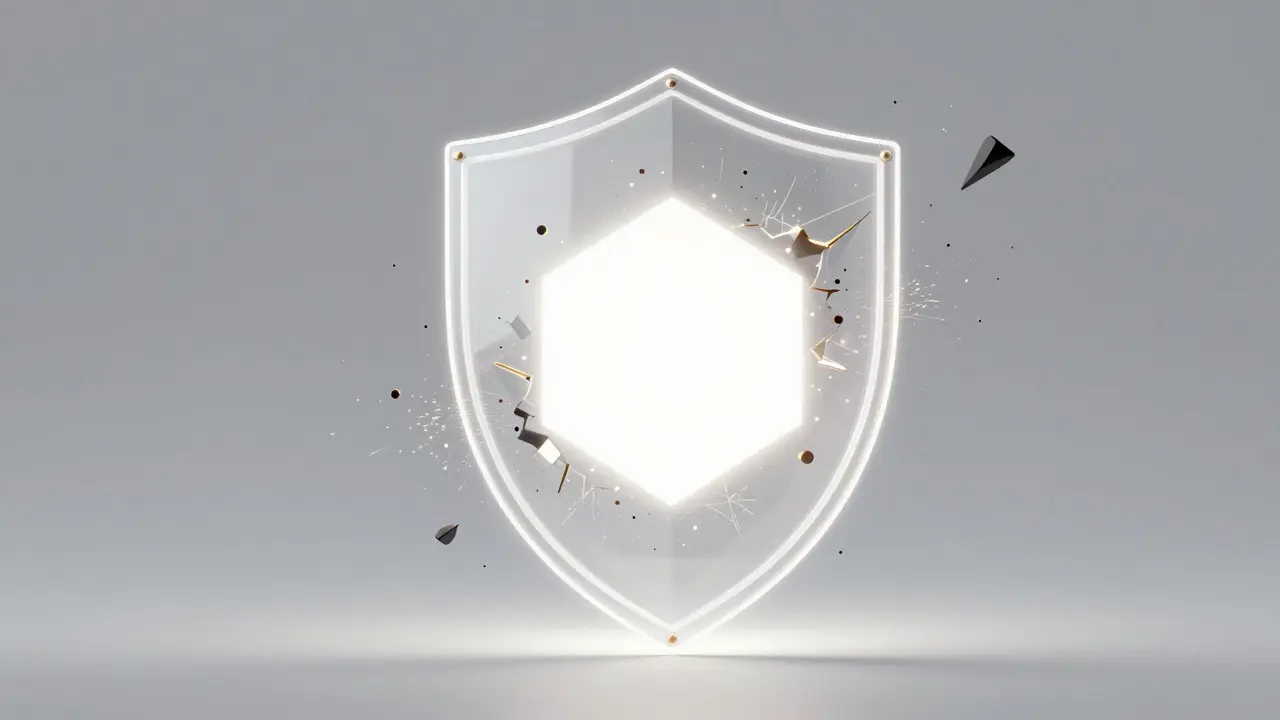 Escudo digital brilhante protegendo núcleo de luz contra partículas escuras