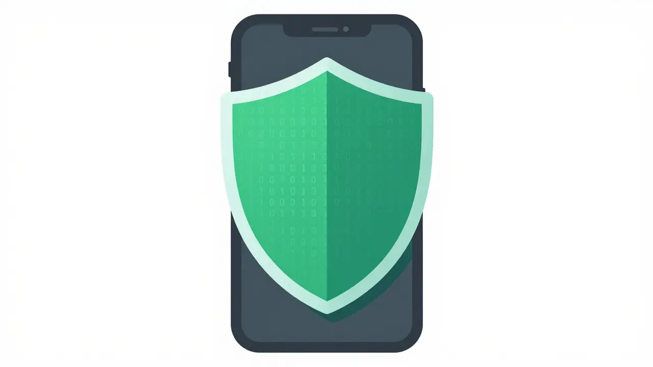 Escudo digital protegendo dados em um dispositivo móvel.