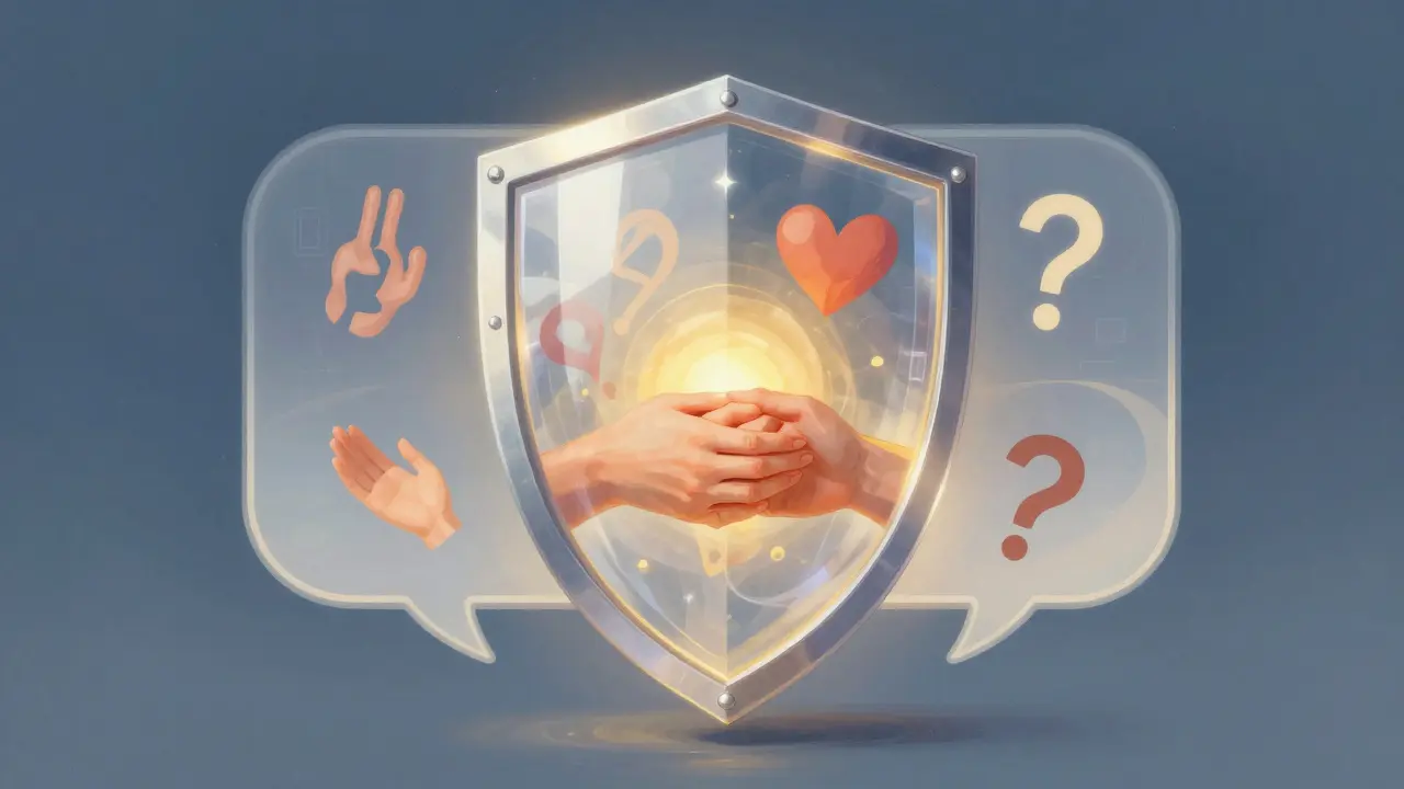 Escudo luminoso bloqueando símbolos explícitos enquanto permite sinais emocionais positivos.