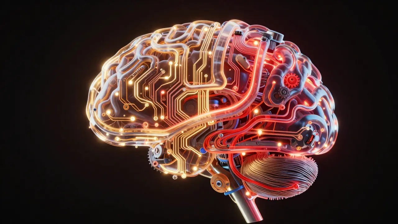 Estrutura cerebral tecnológica com conexões vermelhas e douradas
