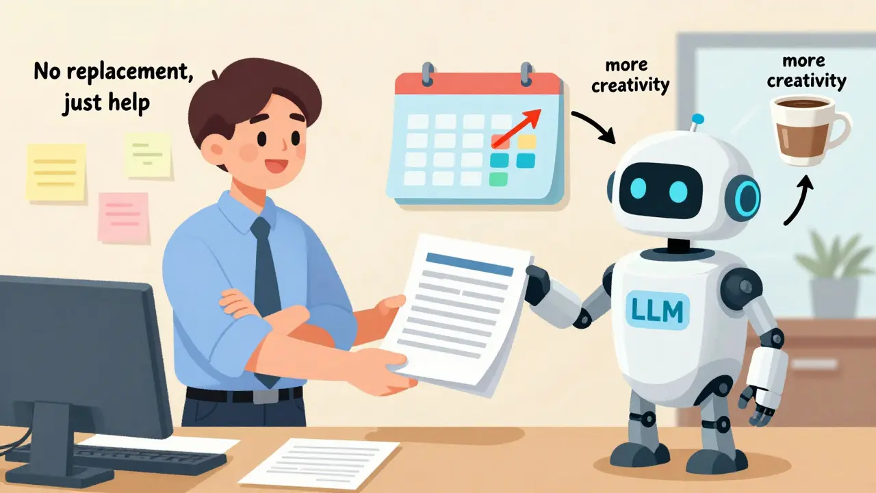 Funcionário de década de 1980 entrega relatórios manuais a um robô amigável, enquanto tempo é liberado para atividades mais valiosas.