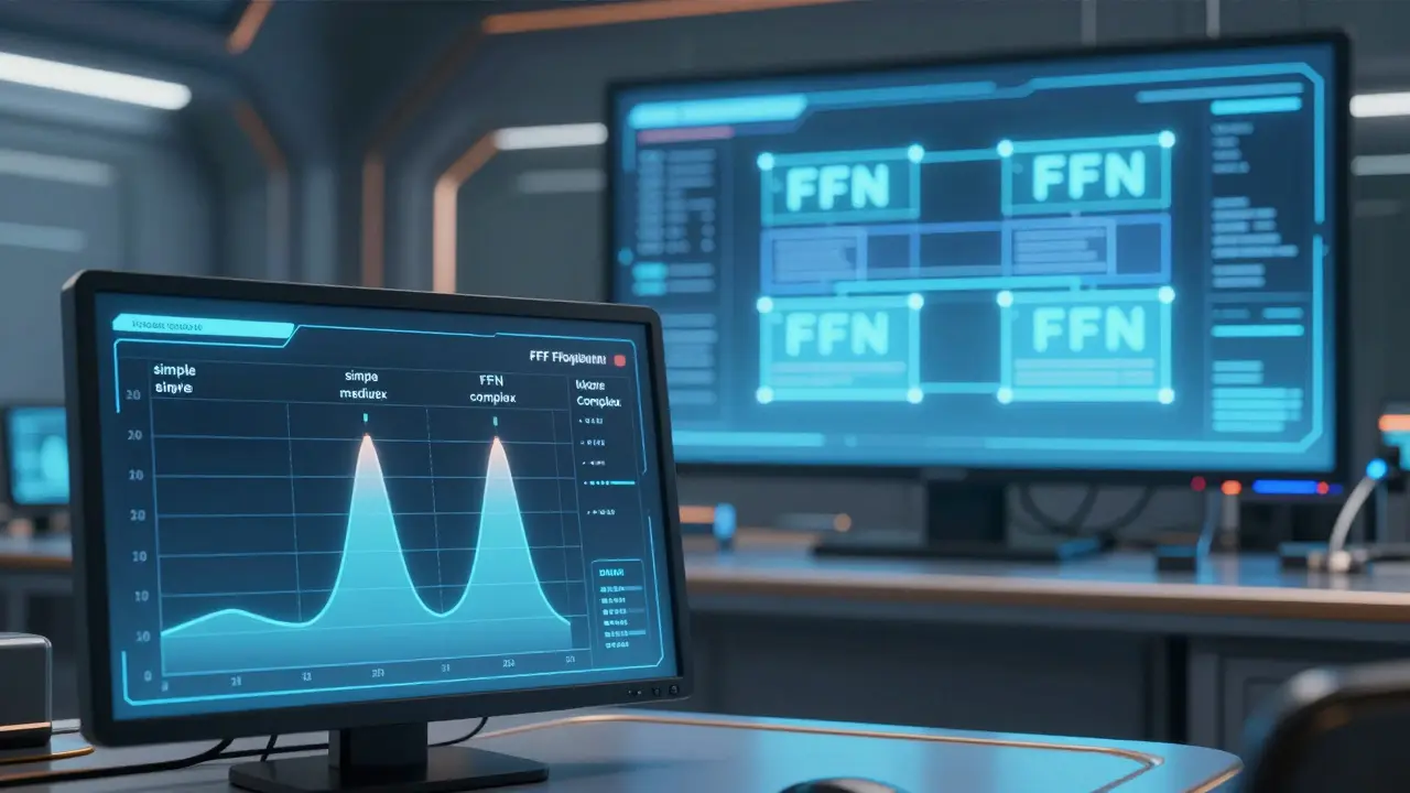 Interface de controle de IA mostrando camadas FFN dinâmicas ativadas conforme a complexidade dos tokens, com a estrutura de duas camadas como padrão.