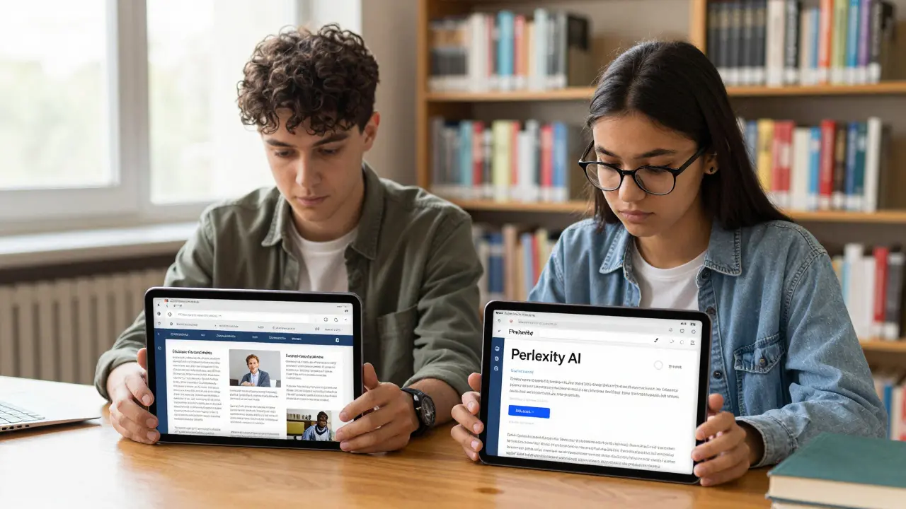 Jornalista e estudante usando Perplexity AI em tablets, com fontes em tempo real como artigos científicos e documentos governamentais visíveis na tela.