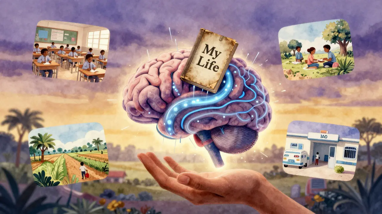 Mão colocando um livro de memórias humanas dentro de um núcleo de IA que representa experiências globais.