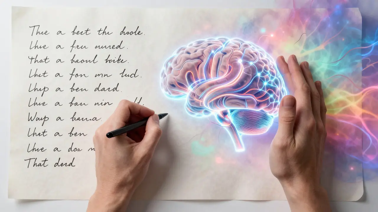 Mão escrevendo: metade repetitiva e robótica, metade fluida e criativa, com cérebro AI transparente entre as formas.