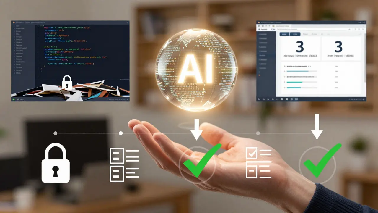 Mão humana guiando um orb de IA através de checkpoints de segurança e aprovação, simbolizando a integração controlada de inteligência artificial no desenvolvimento.