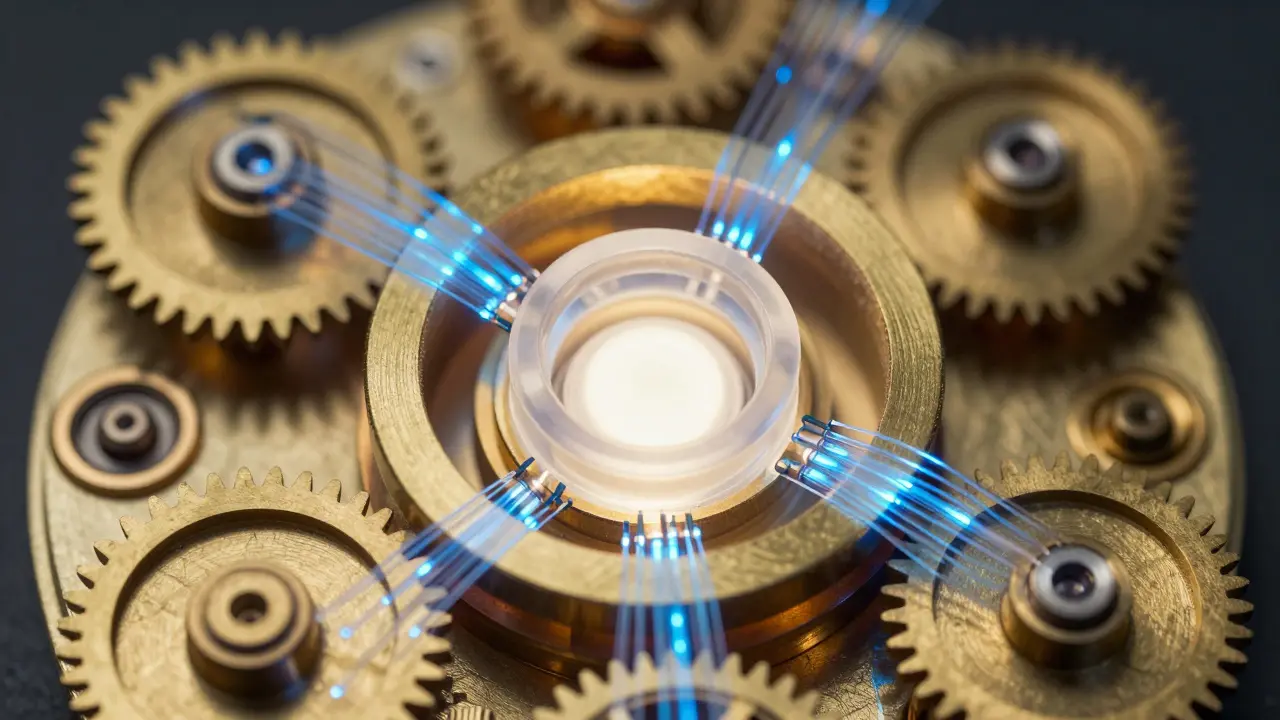 Mecanismo híbrido com engrenagens e fibra óptica brilhante