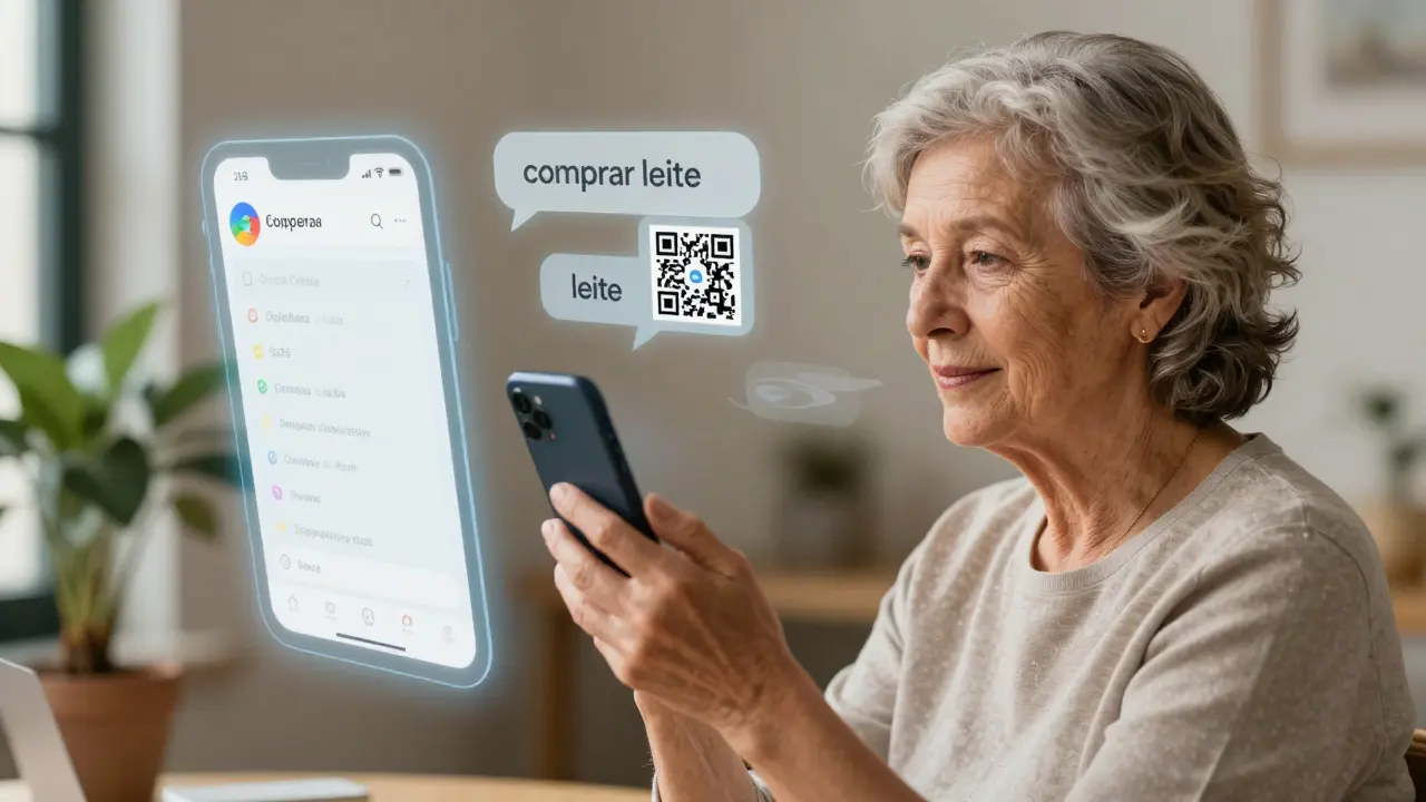 Mulher idosa em Coimbra acessando um app de compras por QR code, com interface holográfica flutuando ao lado.