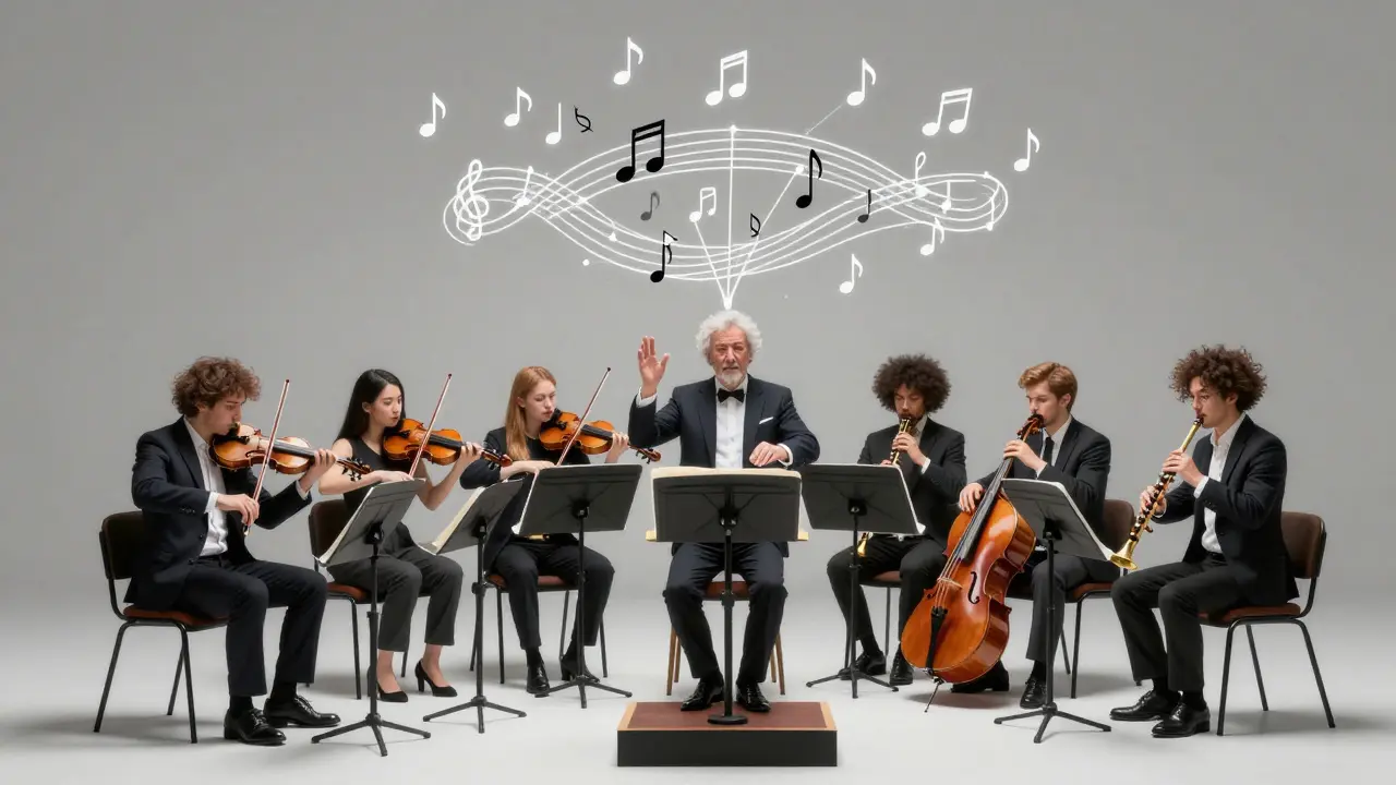 Orquestra simbólica onde instrumentos representam três modelos de IA, conduzidos por uma figura humana.
