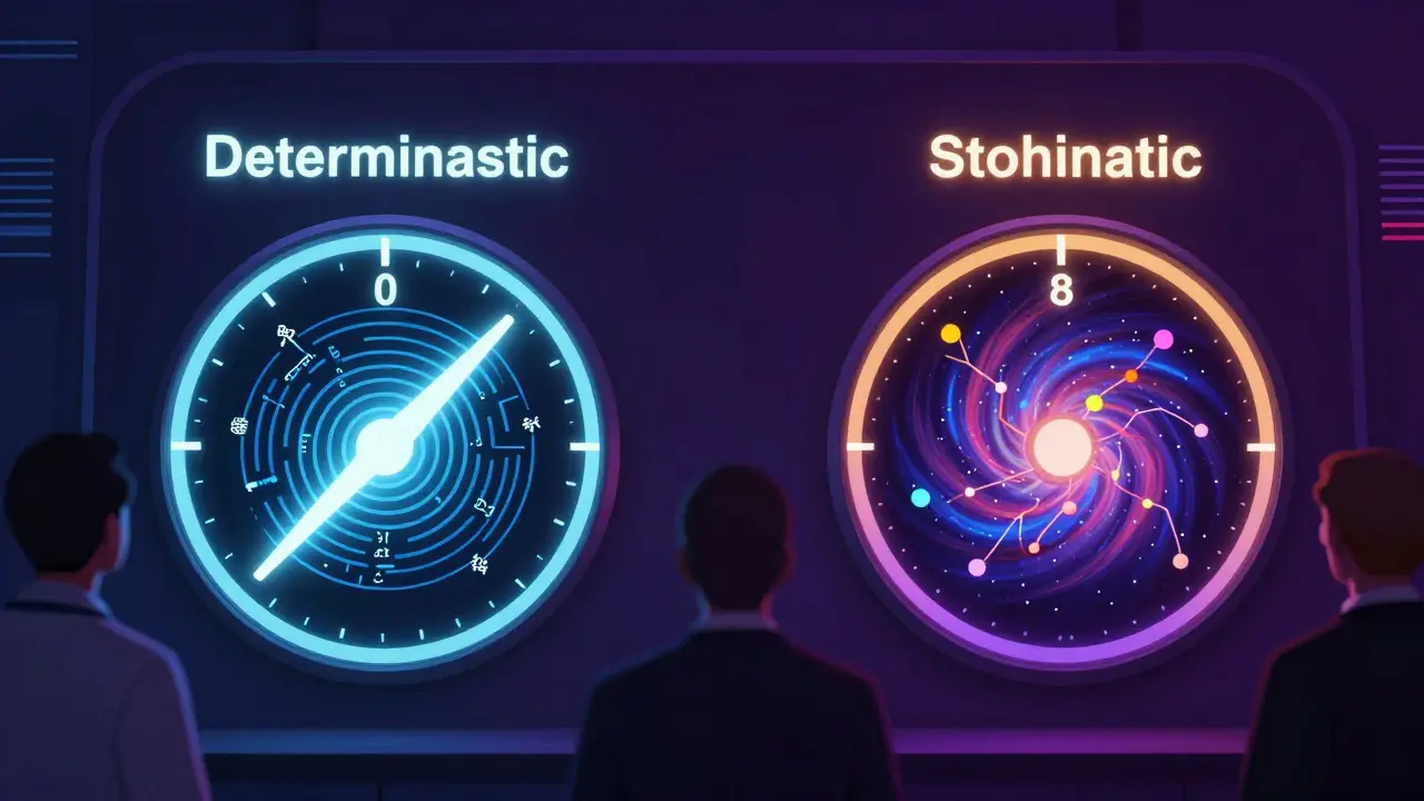 Painel de controle com dois dialos: determinístico e estocástico, iluminando figuras de profissionais em fundo cyberpunk.