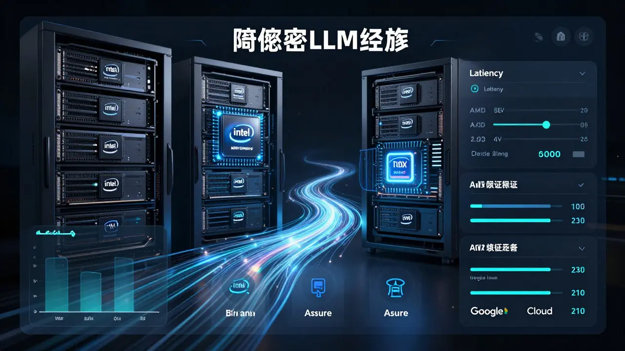 Painel de controle mostrando métricas de inferência confidencial em nuvens com chips de hardware protegido.