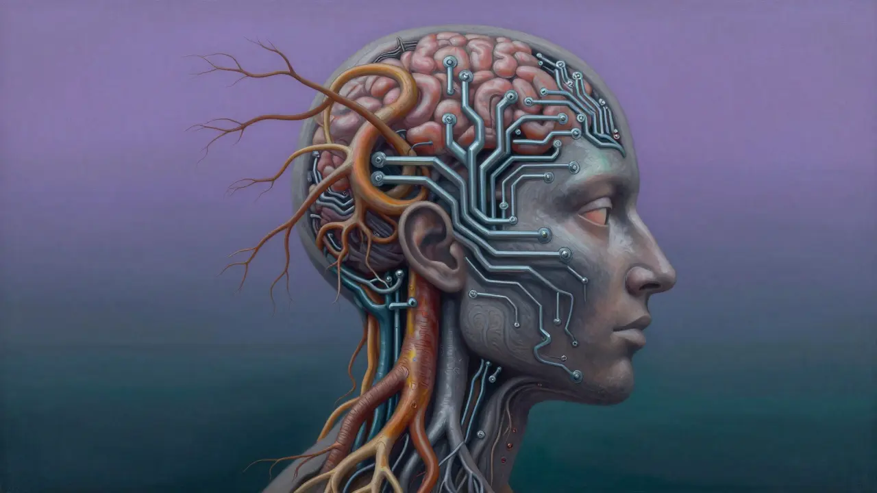 Perfil humano formado por raízes e circuitos eletrônicos.