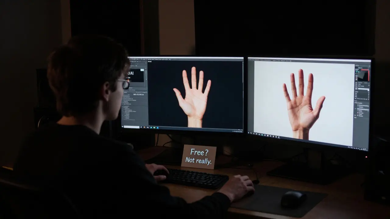 Pessoa em estúdio noturno com telas mostrando imagens de IA com marcas d'água e qualidade variada, iluminação dramática.