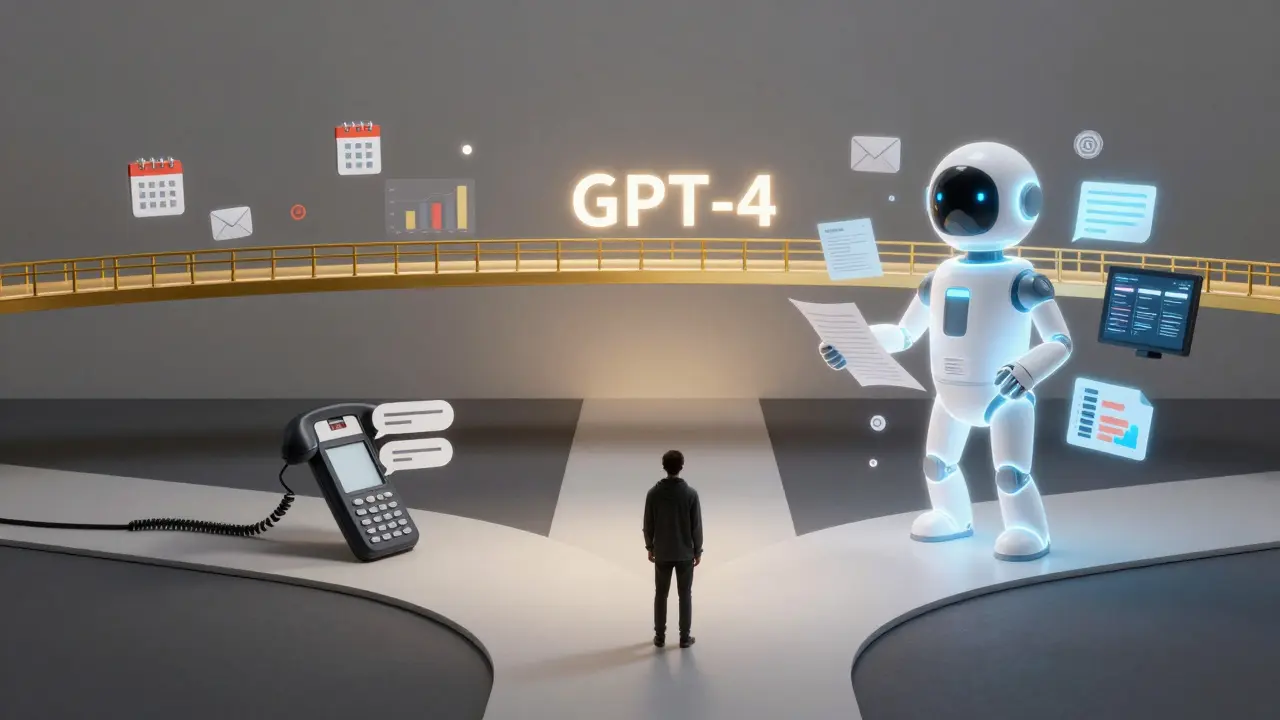 Pessoa escolhendo entre uma versão básica e uma versão avançada da IA, com ponte dourada simbolizando a melhoria.