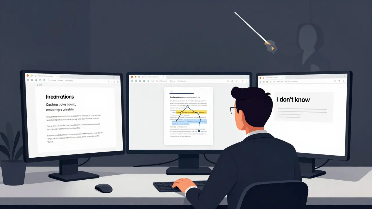 Profissional em Lisboa trabalhando com três interfaces de IA diferentes em abas separadas do navegador.