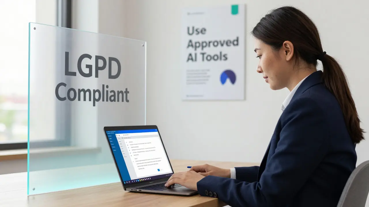 Profissional usando Microsoft Copilot em ambiente corporativo com sinalização de conformidade legal.