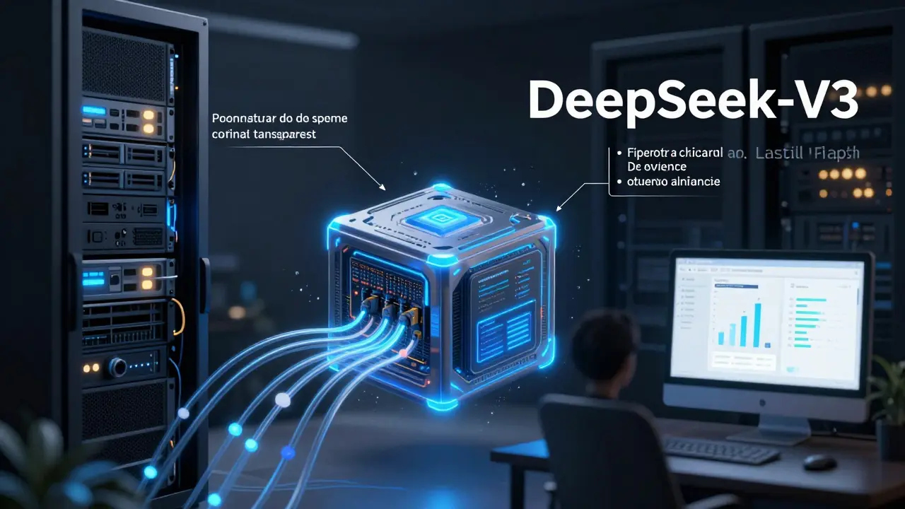 Rede neural aberta DeepSeek-V3 operando em um servidor brasileiro, com fluxos de dados em português e inglês, simbolizando poder e custo zero.