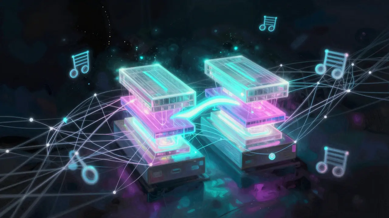 Rede neural de transformer com mecanismo de atenção ao redor de uma feedforward network de duas camadas, ilustrando o fluxo de dados de tokens.