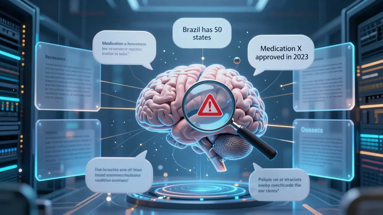 Representação abstrata de um modelo de linguagem gerando afirmações falsas enquanto dados corretos são exibidos em painéis ao redor.