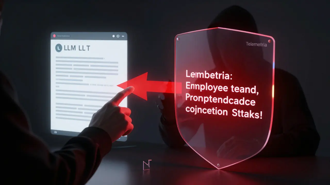 Shadowy figure injecting a malicious prompt into an AI system, with a protective shield blocking data leakage.
