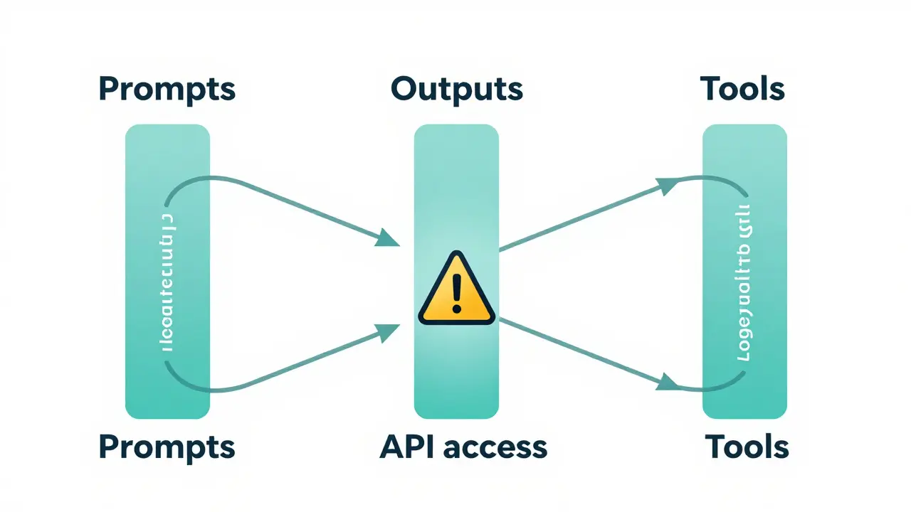 Three interconnected pillars representing prompts, outputs, and tool usage in LLM security.