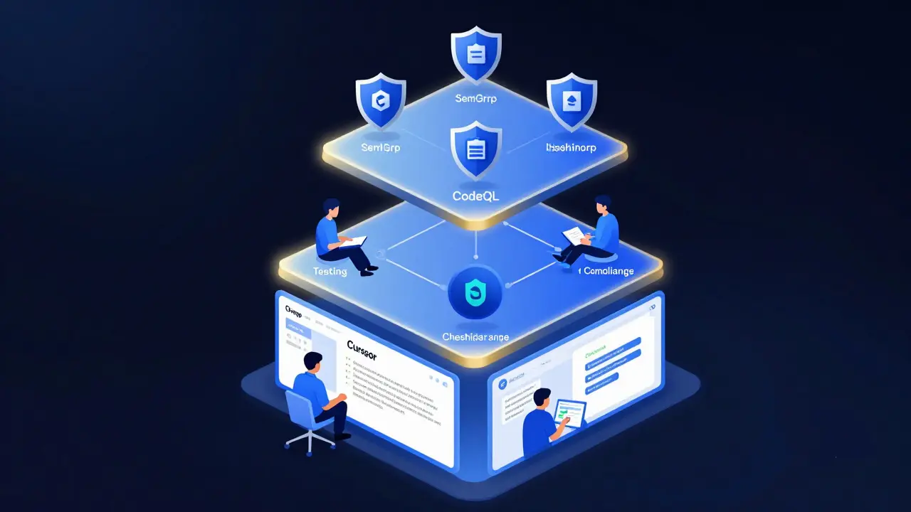 Torre de três camadas ilustrando a arquitetura do vibe coding empresarial: produtividade, orquestração e governança, com símbolos de segurança e IA.