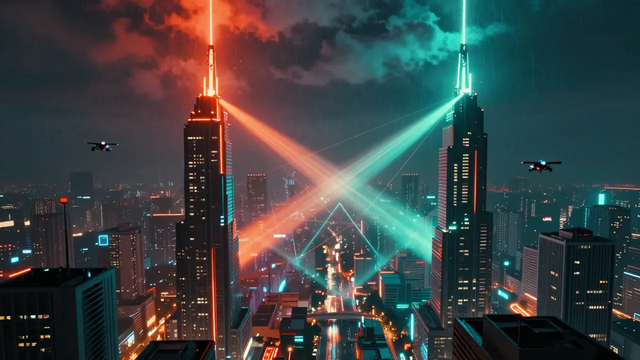 Torres futuristas projetando feixes de energia opostos