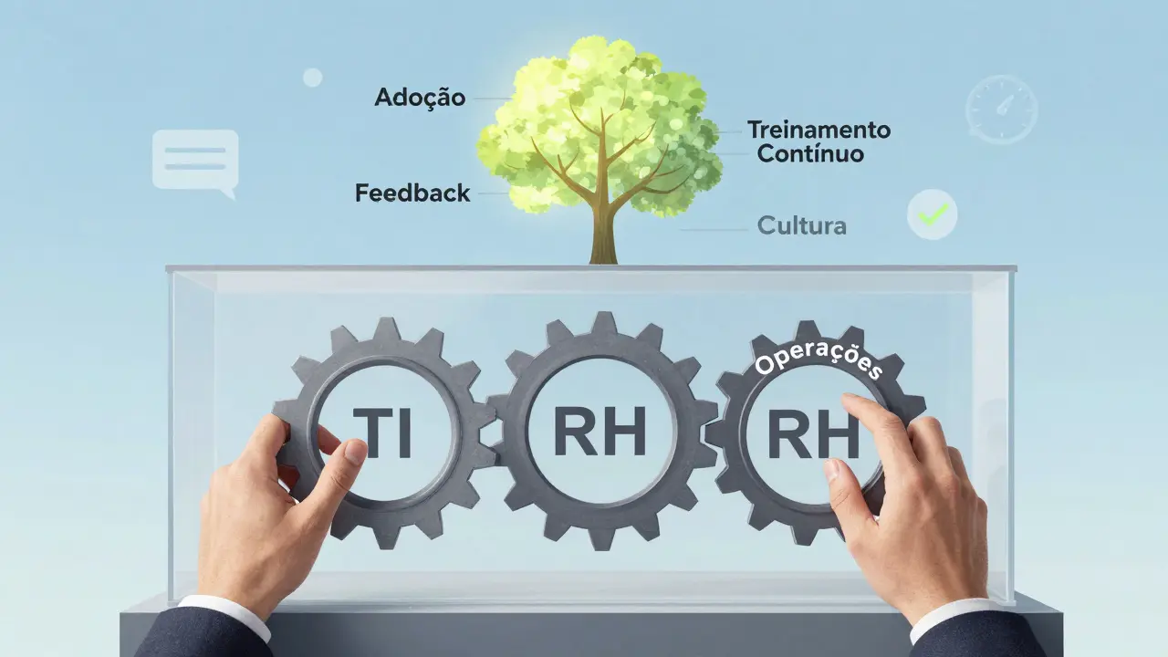 Três engrenagens interligadas representam TI, RH e Operações trabalhando juntas para sustentar uma cultura de adoção de LLM.