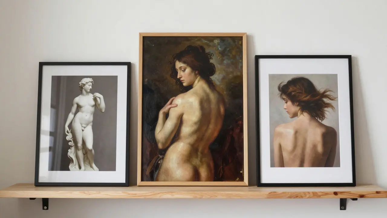 Três obras de arte impressas em estilo clássico: escultura, pintura e fotografia sensuais, mas sem nudez explícita, expostas em estante.