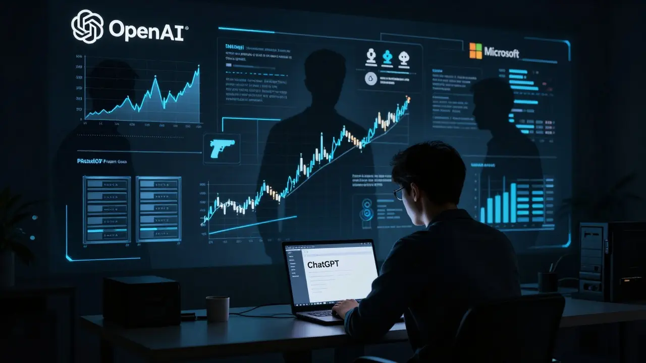 Um usuário sozinho diante de uma tela de ChatGPT, enquanto sombras de corporações o observam, com ícones de temas restritos ao fundo.