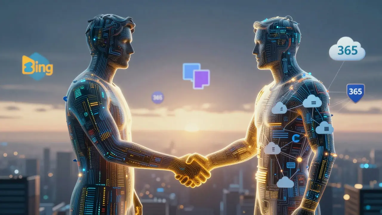 Uma apertada de mãos entre figuras abstratas de código e servidores em nuvem, simbolizando a parceria entre OpenAI e Microsoft.