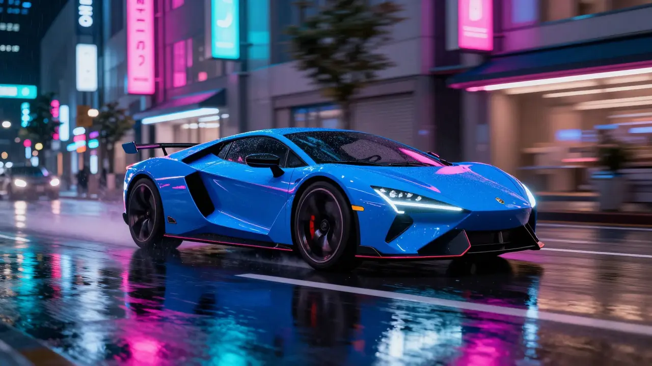 Carro desportivo azul futurista em uma rua chuvosa e iluminada por neon em Tóquio.