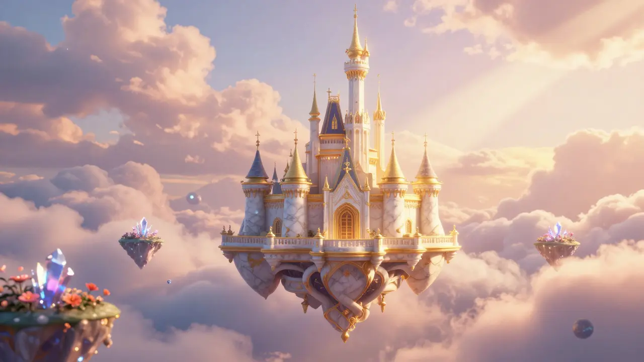 Castelo de mármore e ouro flutuando entre nuvens pastéis ao pôr do sol.