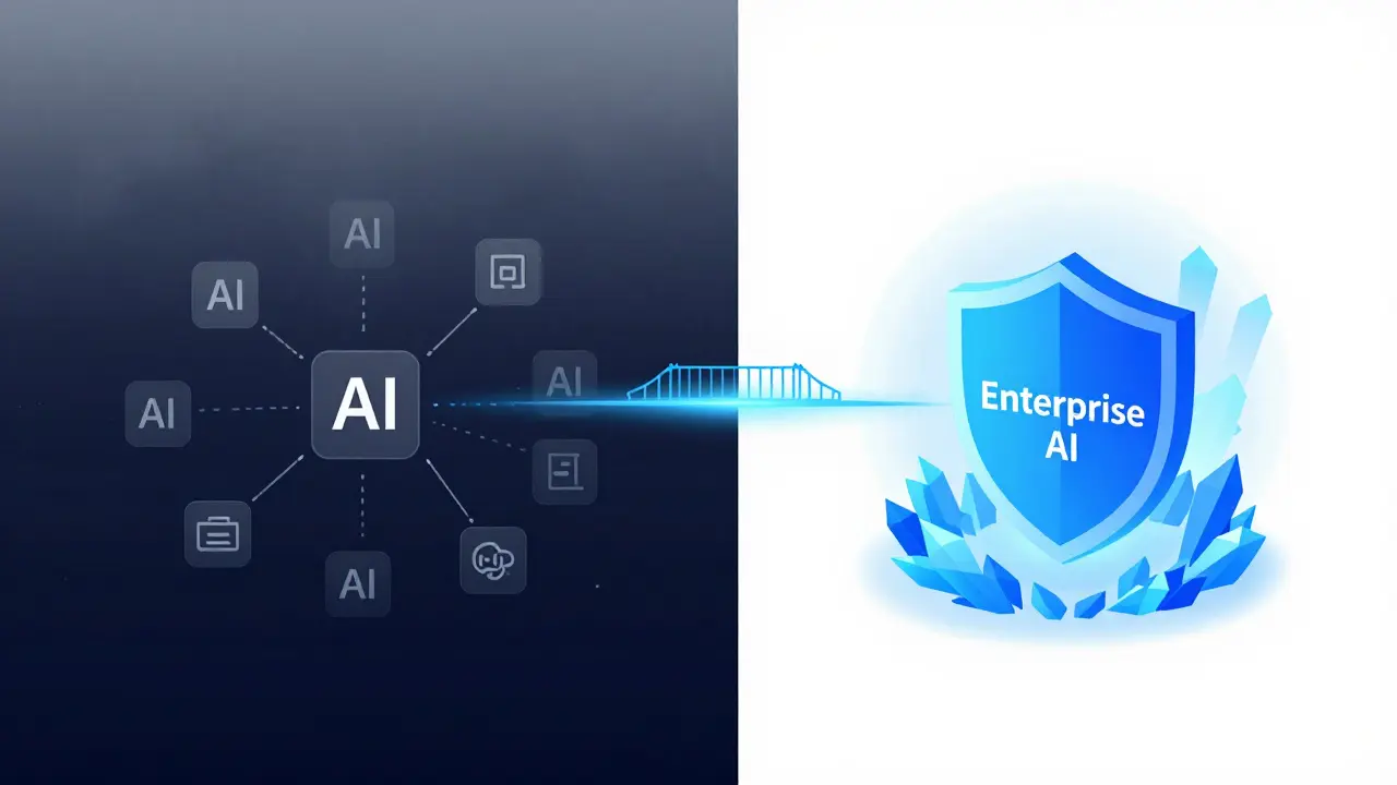 Comparação visual entre o uso caótico da IA oculta e a segurança de uma IA corporativa homologada.