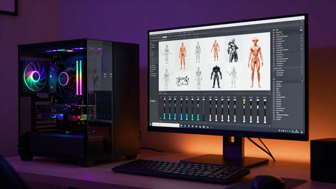Computador potente com interface de IA local para criação artística sem restrições.