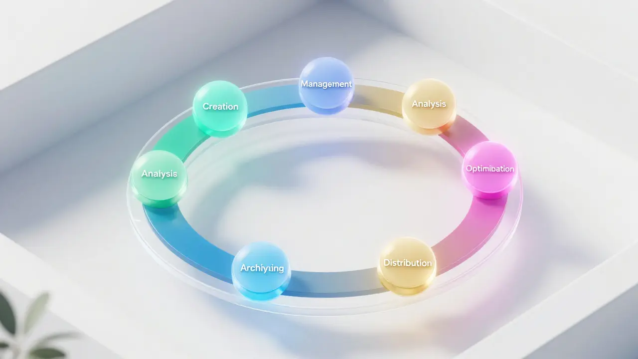 Diagrama isométrico 3D do ecossistema circular do ciclo de vida de conteúdo com IA.