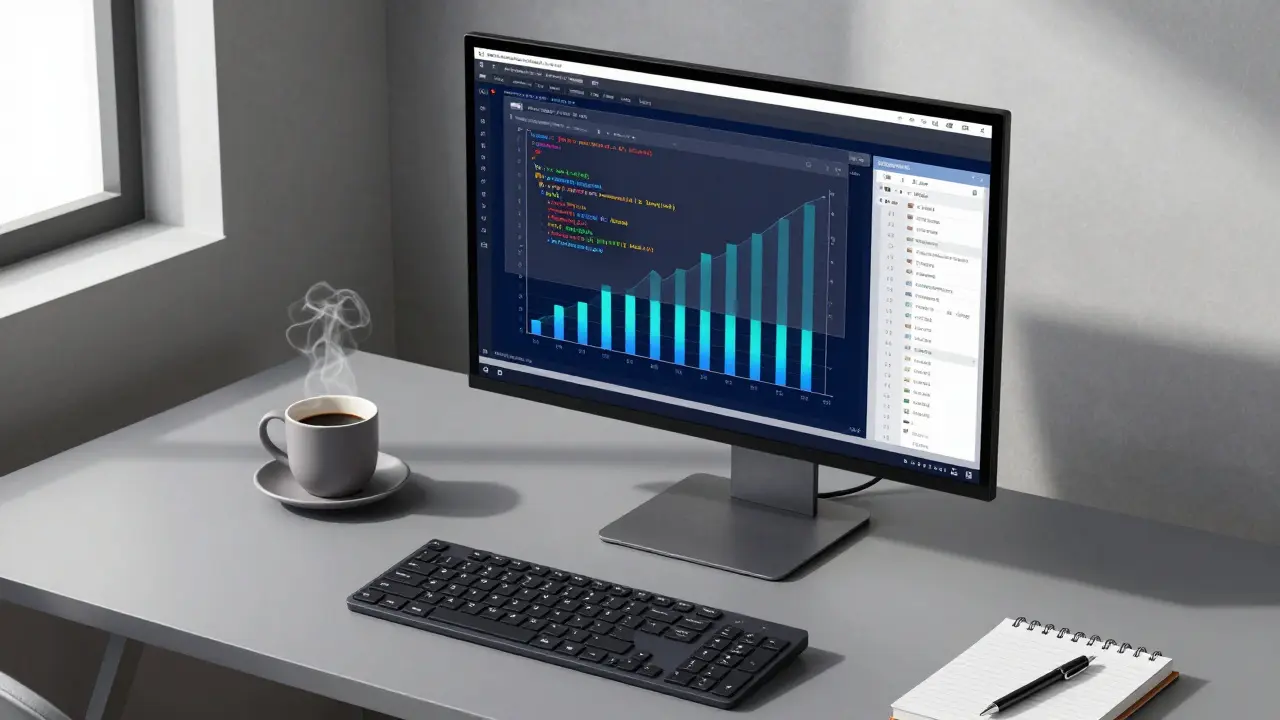 Espaço de trabalho moderno com monitor exibindo análise de dados avançada e código Python.