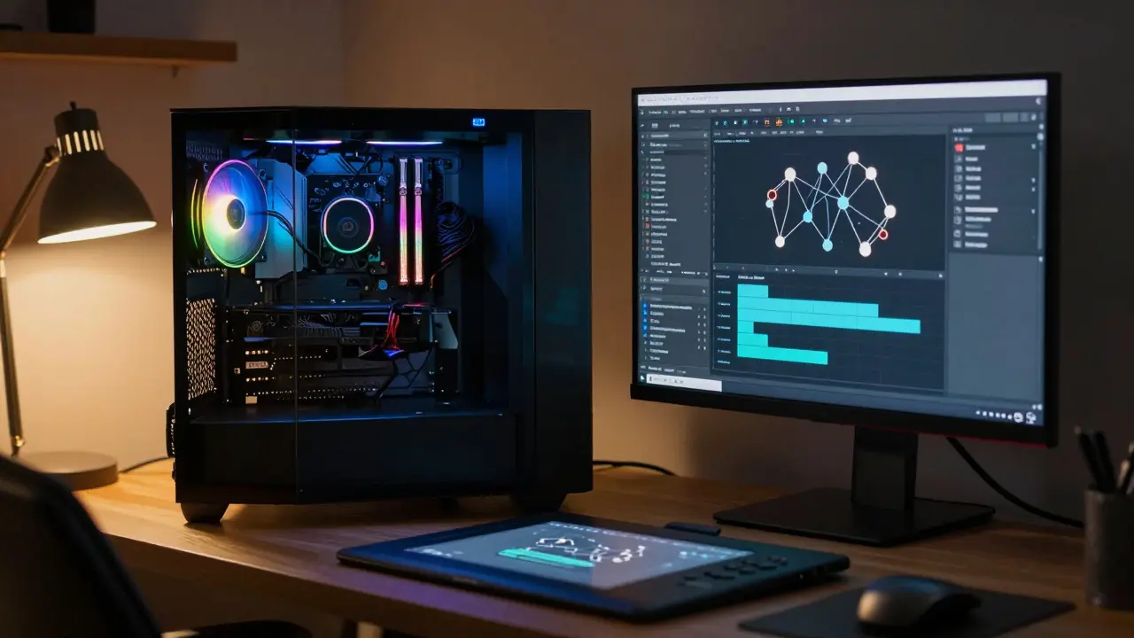 Estação de trabalho profissional com PC potente e interface de software de IA para geração de imagens.