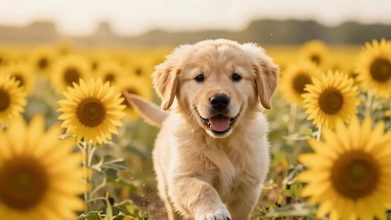 Filhote de Golden Retriever correndo em um campo de girassóis durante o pôr do sol.