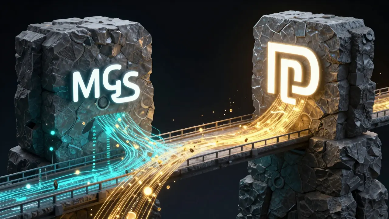 Fluxos de dados neon conectando dois bancos de dados durante uma migração inteligente.