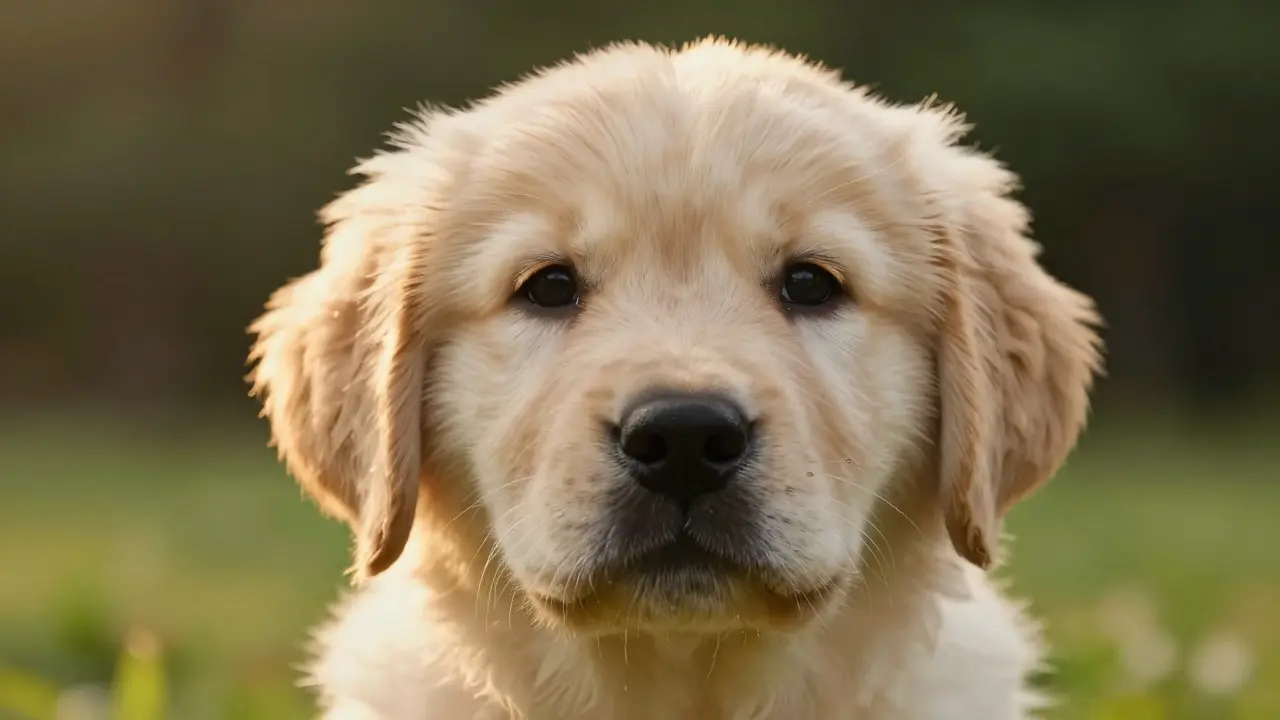 Fotografia macro detalhada de um filhote de Golden Retriever com luz natural