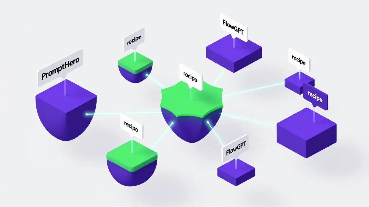 Ilustração 3D de ecossistema digital conectando bibliotecas de prompts de IA