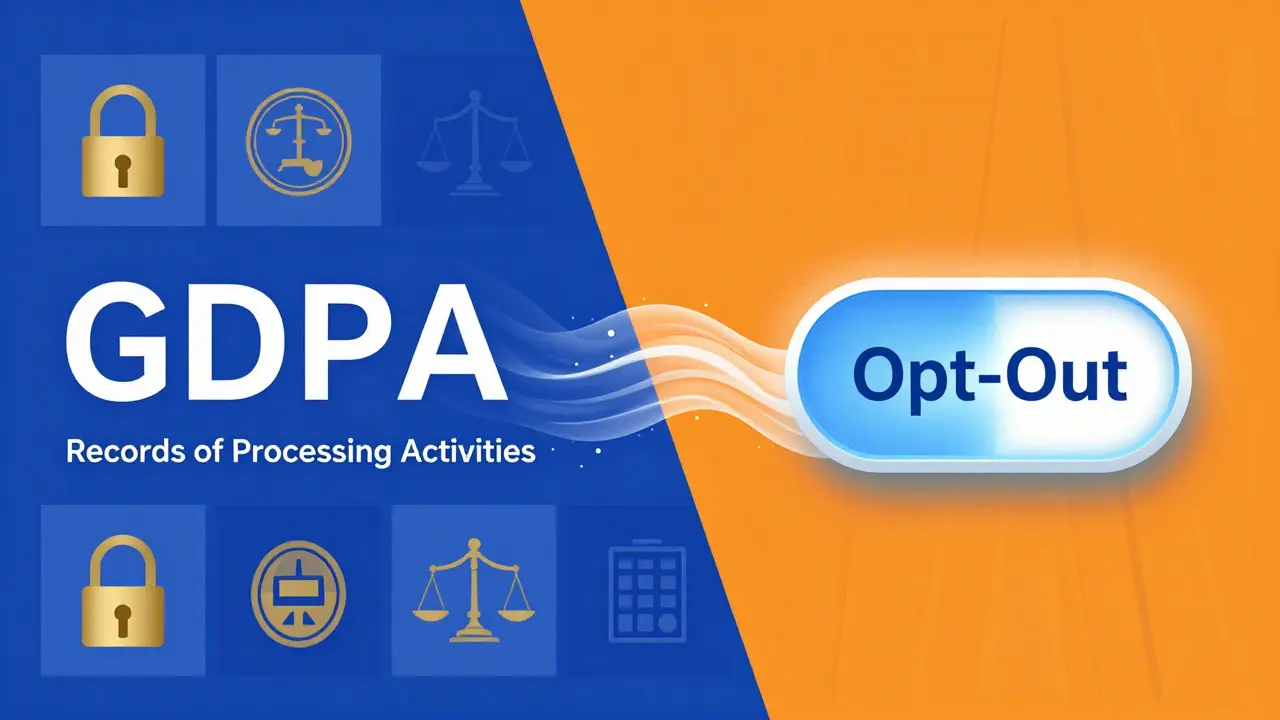 Ilustração comparando a estrutura rigorosa do GDPR com o foco em opt-out do CCPA.