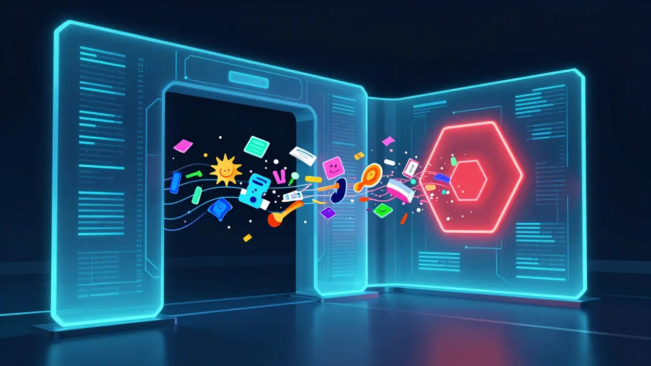 Ilustração conceitual de filtros de moderação de IA bloqueando dados artísticos.