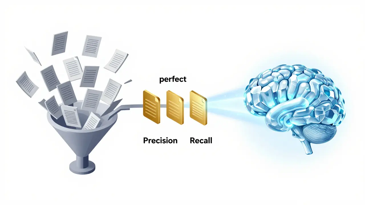 Ilustração isométrica de um pipeline de dados filtrando informações para um cérebro digital.