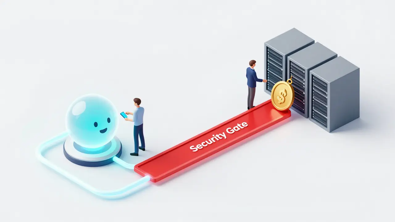 Ilustração isométrica de um pipeline de software com portão de segurança e token de validação.