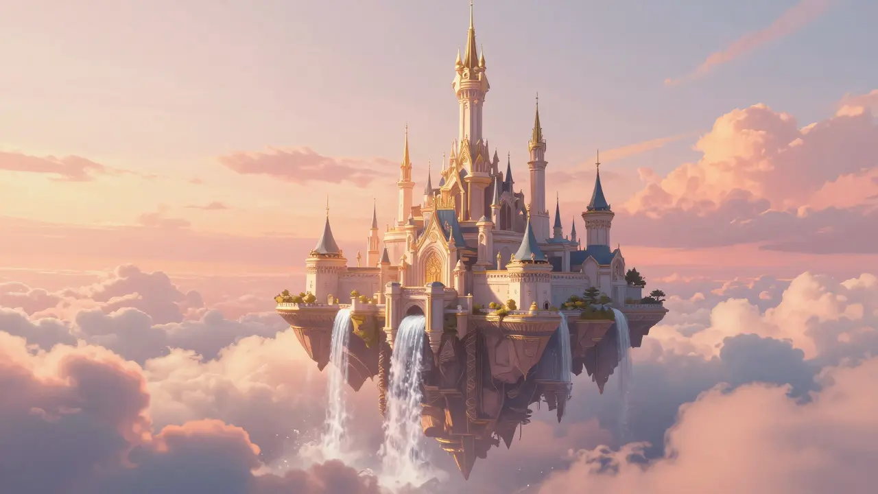 Ilustração surrealista de um castelo flutuante entre nuvens coloridas ao entardecer.
