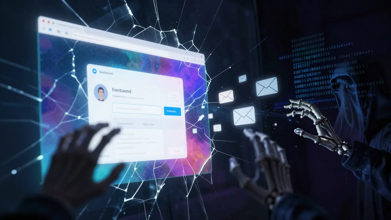 Interface colorida de app separada por vidro rachado de ataques cibernéticos invisíveis.