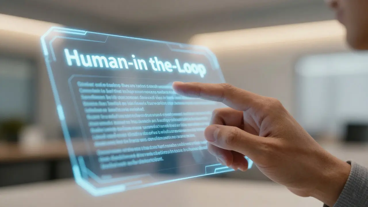 Mão humana revisando e aprovando texto em uma interface holográfica de IA.